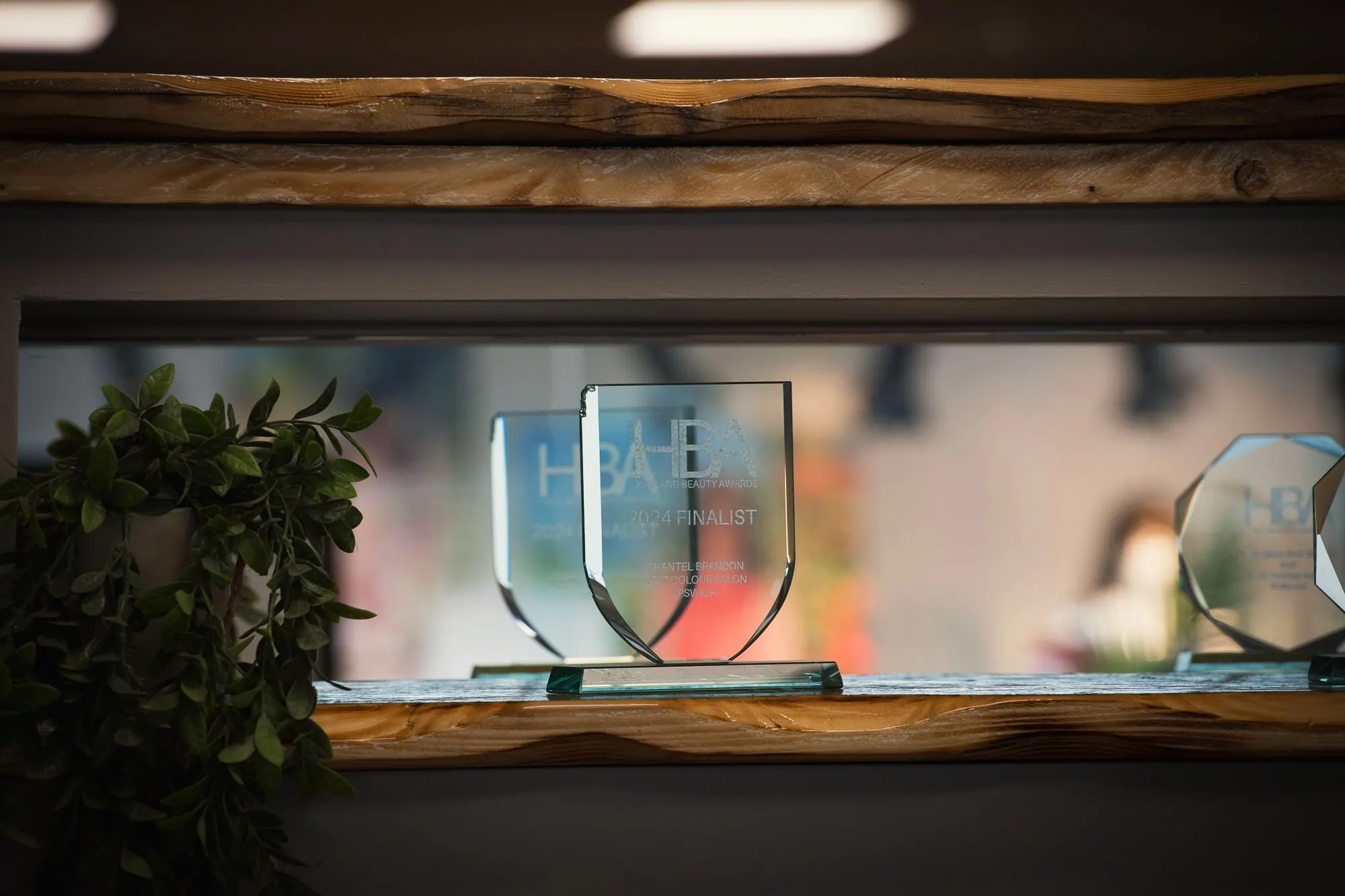 The 2024 Hair and Beauty Awards finalist trophies on the shelf at Deesigner Hair Studio