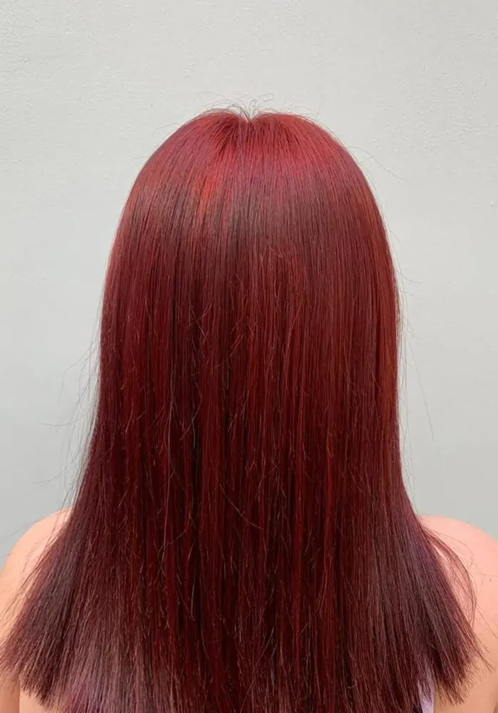 Rouge profond, long et lisse, réalisé chez Deesigner Hair Studio, Ipswich, par Macey